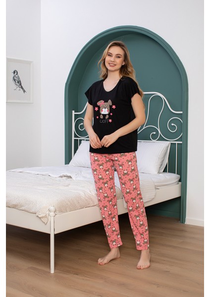 Anne Kız Kombin Desenli Viskon Kısa Kollu Pijama Takımı (Anne Kız Ayrı Satılır)