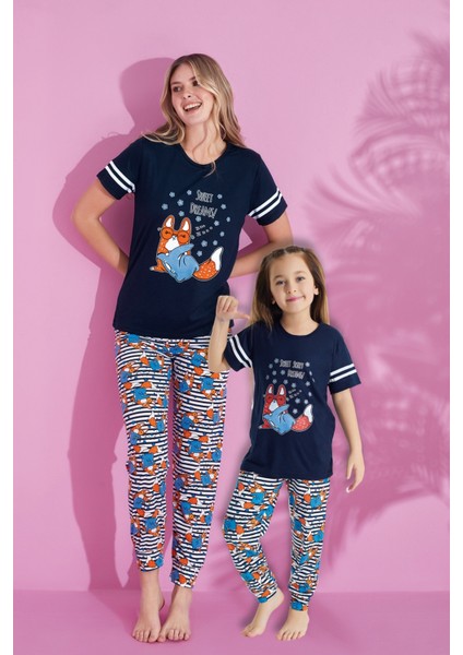 Anne Kız Kombin Desenli Viskon Kısa Kollu Pijama Takımı (Anne Kız Ayrı Satılır)