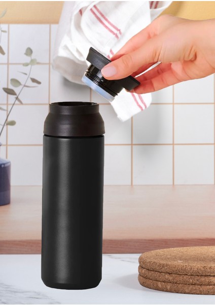 Çift Katmanlı Paslanmaz Çelik Sızdırmaz El Yakmaz Filtreli Mat Siyah 500ML Küçük Kahve Termos Bardak