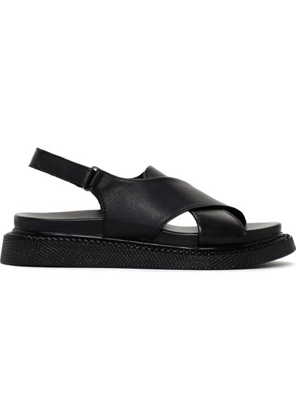 Kadın Siyah Bantlı Deri Comfort Sandalet 25SFD300118