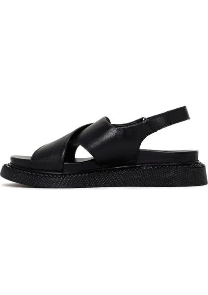 Kadın Siyah Bantlı Deri Comfort Sandalet 25SFD300118