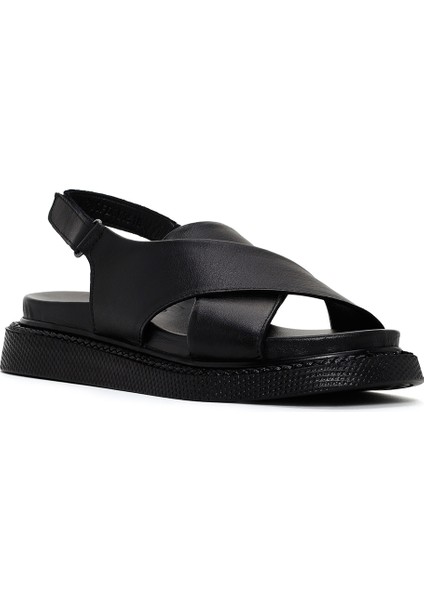 Kadın Siyah Bantlı Deri Comfort Sandalet 25SFD300118
