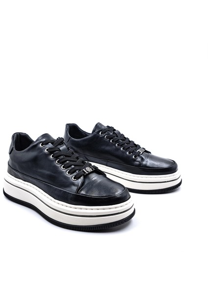 M21102 Deri Yüksek Taban Erkek Siyah Şık Spor Sneaker Ayakkabı