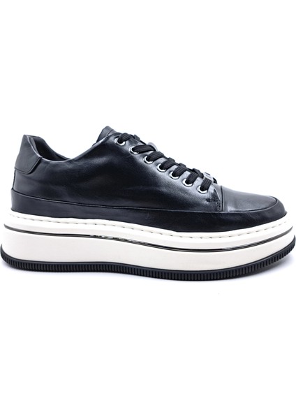 M21102 Deri Yüksek Taban Erkek Siyah Şık Spor Sneaker Ayakkabı