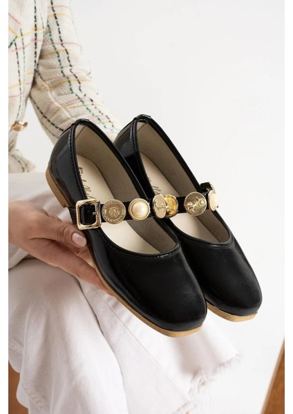 Günlük Kadın Babet Siyah Rugan Altın Para Inci Toka Ses Yapmaz Ortopedik Hafif Rahat Ayakkabı 110