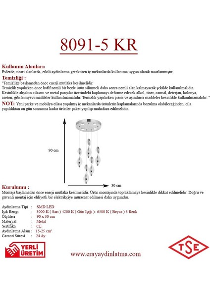 8091-4+1 5li Krom Sarkıt LED Avize(Beyaz Işık -Sarı Işık - Gün Işığı) fırsatları