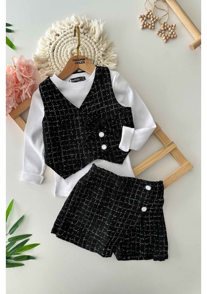 Simli Chanel Kumaş Kız Çocuk Yelekli 3 lü takım - Siyah