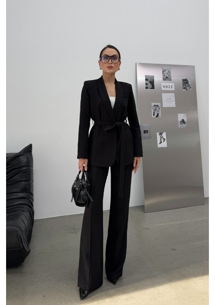 Kadın Ikili Kuşaklı Blazer Ceket Pantolon Takım