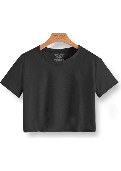 Pamuklu Crop Top Kadın Siyah Tişört Bisiklet Yaka Kısa Kollu Crop