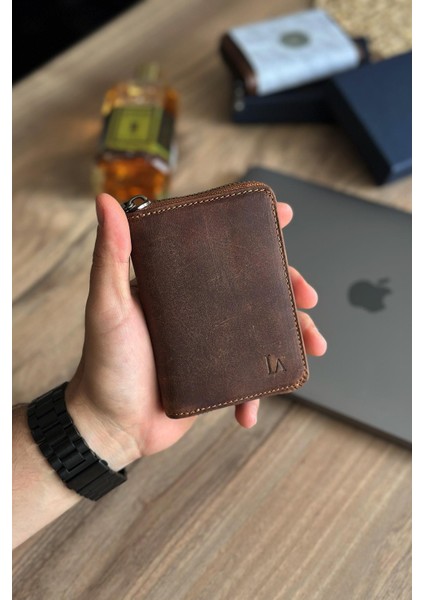 Lancoves Erkek Fermuarlı Deri Kullanışlı Cüzdan Crazy Taba