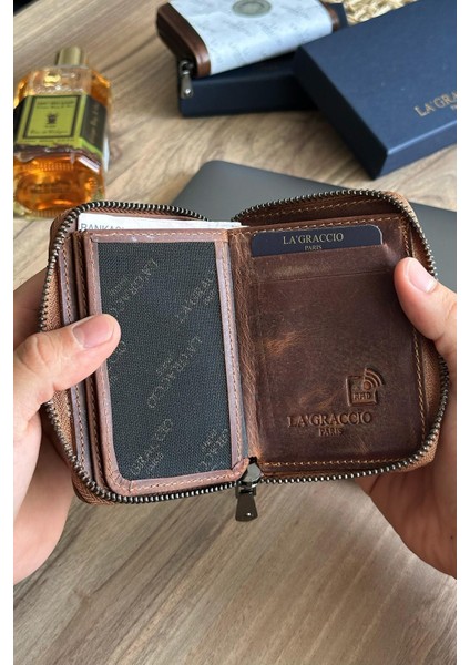 Lancoves Erkek Fermuarlı Deri Kullanışlı Cüzdan Crazy Taba modelleri