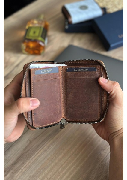 Lancoves Erkek Fermuarlı Deri Kullanışlı Cüzdan Crazy Taba fırsatları