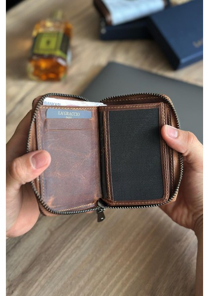 Lancoves Erkek Fermuarlı Deri Kullanışlı Cüzdan Crazy Taba indirimleri