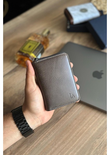 Lancoves Erkek Fermuarlı Deri Kullanışlı Cüzdan Crazy Taba