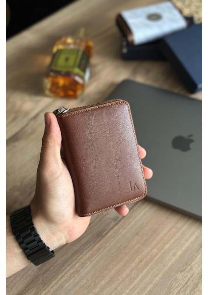 Lancoves Erkek Fermuarlı Deri Kullanışlı Cüzdan Taba