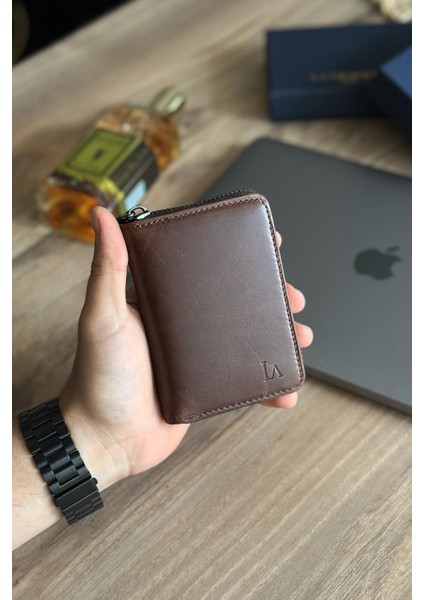 Lancoves Erkek Fermuarlı Deri Kullanışlı Cüzdan Crazy Kahve