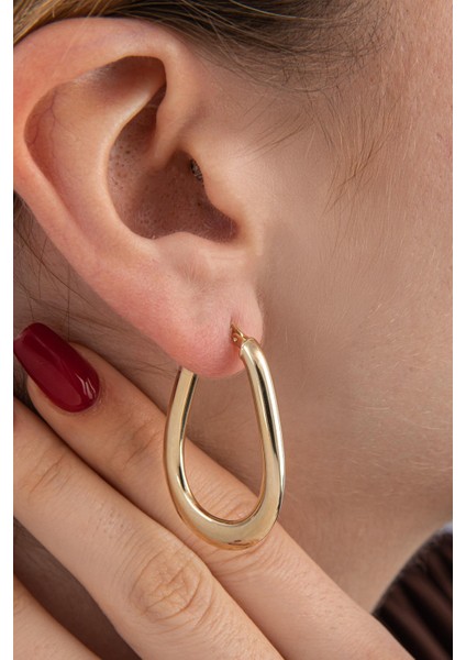 14 Ayar Altın Bombeli Oval Küpe