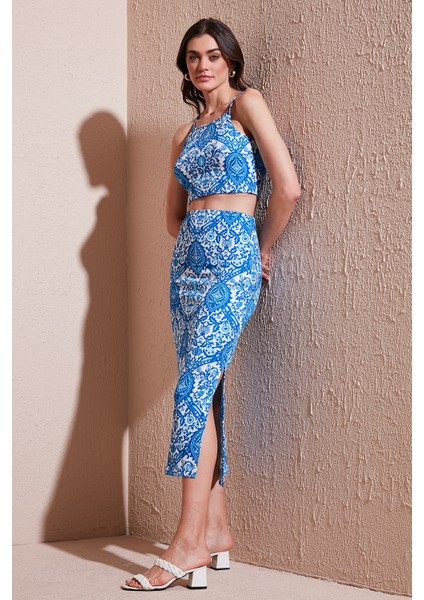 Slim Fit Ip Askılı Yırtmaçlı Midi Alt-Üst Takım Bayan Takım 5869021