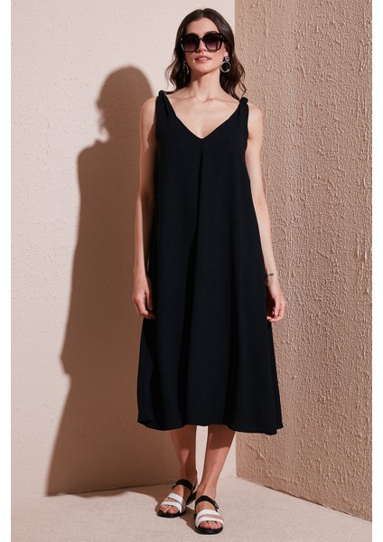 Oversize Fit V Yaka Midi Boy Basic Elbise Bayan Elbise 6788688