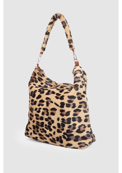 Kadın Laste Peluş Büyük Boy Omuz Çantası Leopar Desenli 1