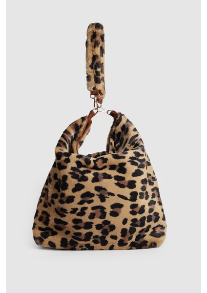 Kadın Laste Peluş Büyük Boy Omuz Çantası Leopar Desenli 1 modelleri