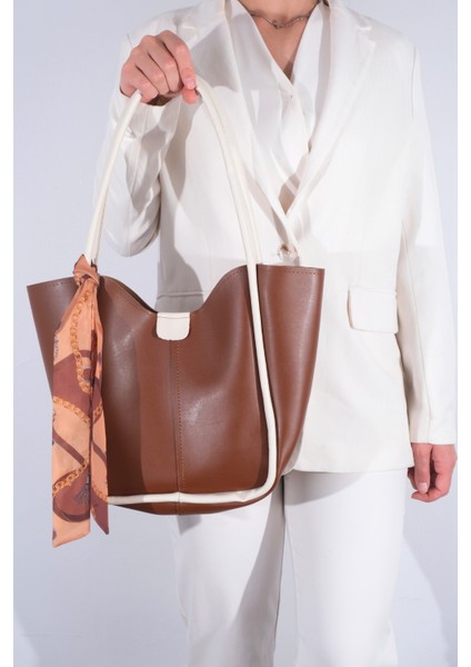 Kadın Golden Fularlı Makyaj Çantalı Omuz Çantası Taba Krem fiyatları