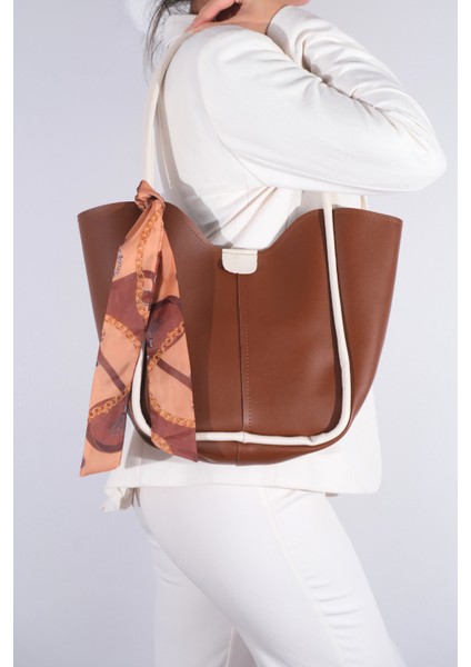 Kadın Golden Fularlı Makyaj Çantalı Omuz Çantası Taba Krem modelleri