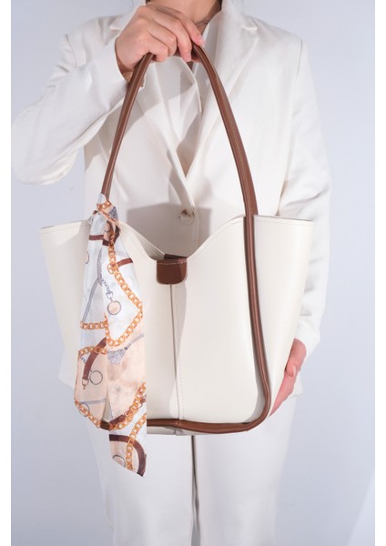 Kadın Golden Fularlı Makyaj Çantalı Omuz Çantası Krem Taba