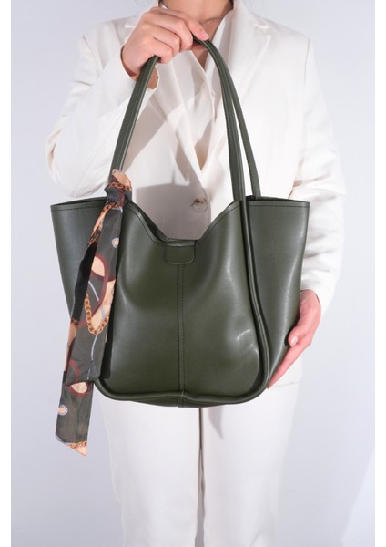 Kadın Golden Fularlı Makyaj Çantalı Omuz Çantası Haki Yeşil