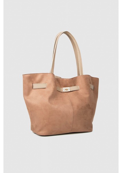 Kadın Süet Deri Mıknatıs Kapamalı Kilit Detaylı El ve Omuz Çantası Vizon