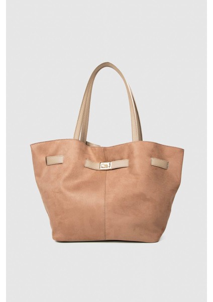 Kadın Süet Deri Mıknatıs Kapamalı Kilit Detaylı El ve Omuz Çantası Vizon fiyatları