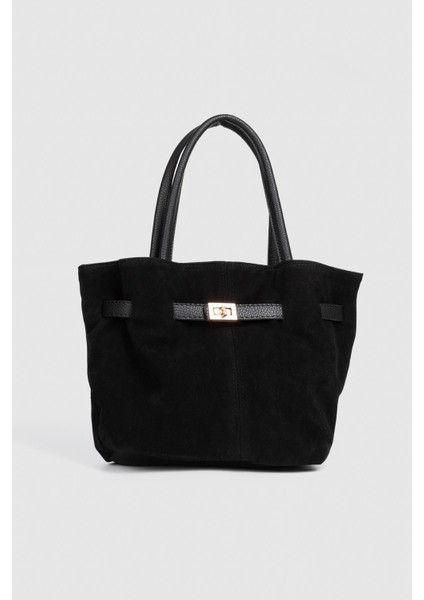 Kadın Süet Deri Mıknatıs Kapamalı Kilit Detaylı El ve Omuz Çantası Siyah