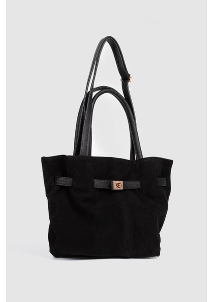 Kadın Süet Deri Mıknatıs Kapamalı Kilit Detaylı El ve Omuz Çantası Siyah modelleri