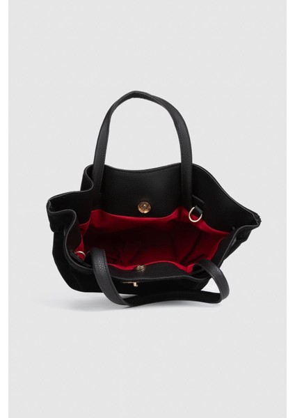 Kadın Süet Deri Mıknatıs Kapamalı Kilit Detaylı El ve Omuz Çantası Siyah fırsatları