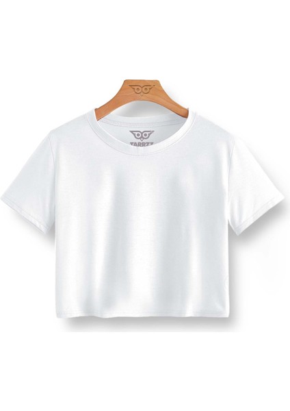Pamuklu Crop Top Kadın Beyaz Tişört Bisiklet Yaka Kısa Kollu Crop