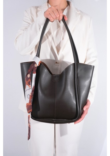 Kadın Golden Fularlı Makyaj Çantalı Omuz Çantası Kahve