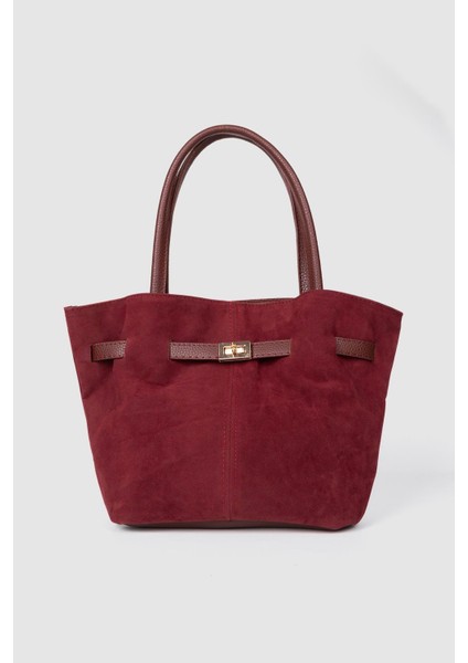 Kadın Süet Deri Mıknatıs Kapamalı Kilit Detaylı El ve Omuz Çantası Bordo