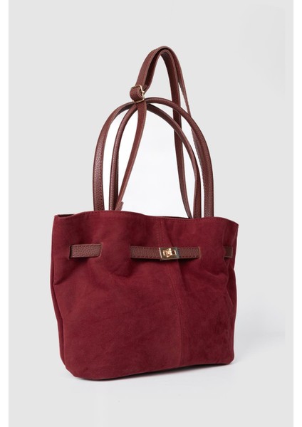 Kadın Süet Deri Mıknatıs Kapamalı Kilit Detaylı El ve Omuz Çantası Bordo modelleri