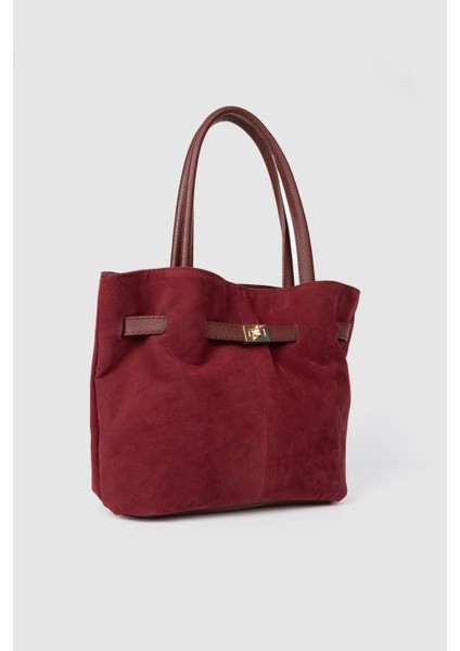 Kadın Süet Deri Mıknatıs Kapamalı Kilit Detaylı El ve Omuz Çantası Bordo fırsatları