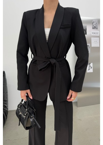 Kadın Ikili Kuşaklı Blazer Ceket Pantolon Takım