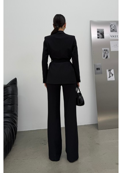 Kadın Ikili Kuşaklı Blazer Ceket Pantolon Takım