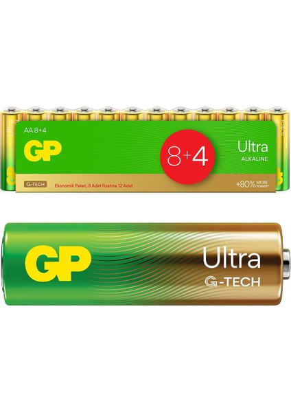 G-Tech 8+4 12LI Paket Aa Alkalin Kalem Pil (8 Adet Fiyatına 12 Adet Pil)