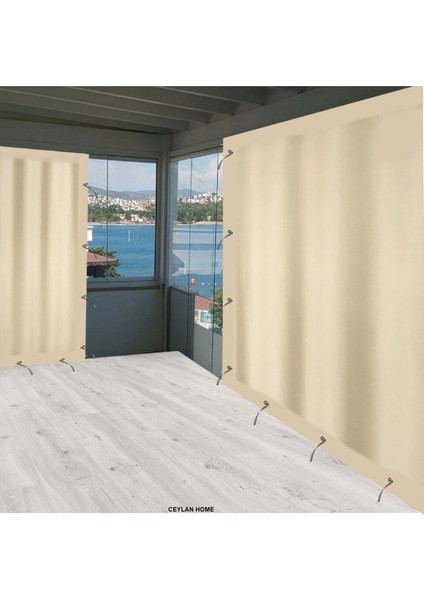 Balkon Perdesi Bağcıklı Ölçü Seçenekli Düz Krem
