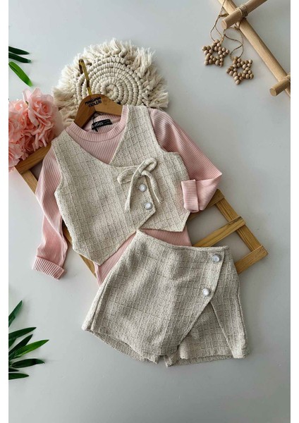 Simli Chanel Kumaş Kız Çocuk Yelekli 3 lü takım - Krem