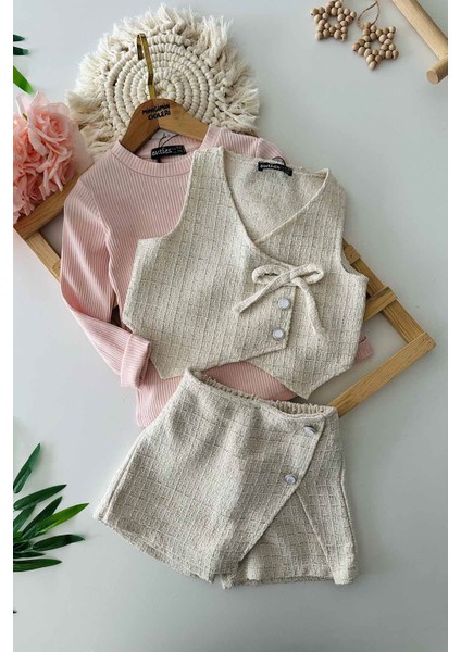 Simli Chanel Kumaş Kız Çocuk Yelekli 3 lü takım - Krem fiyatları