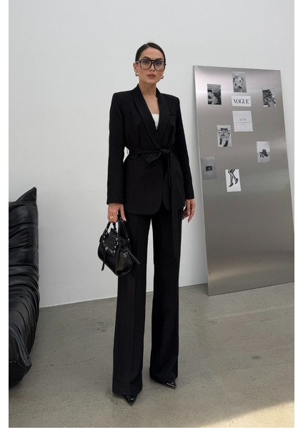 Kadın Ikili Kuşaklı Blazer Ceket Pantolon Takım