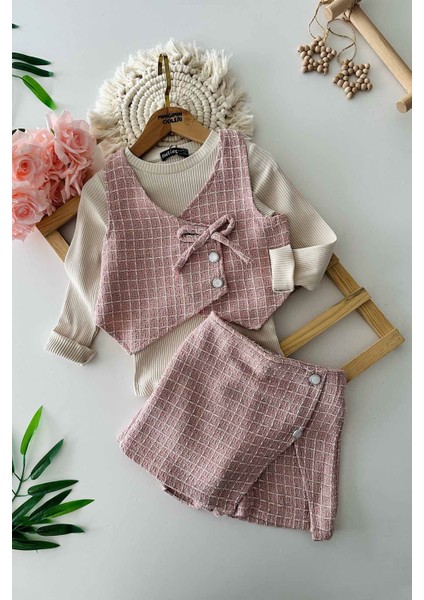 Simli Chanel Kumaş Kız Çocuk Yelekli 3 lü takım - Pudra