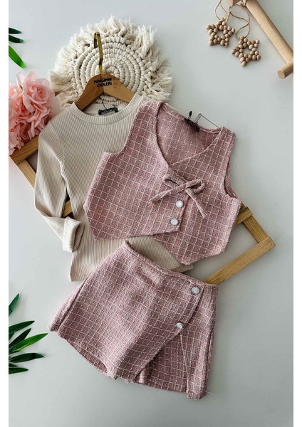 Simli Chanel Kumaş Kız Çocuk Yelekli 3 lü takım - Pudra fiyatları