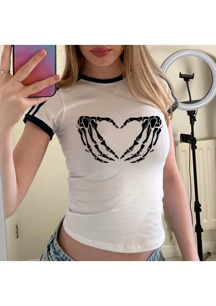 Gothic Heart Baskılı Şeritli Bluz Body Crop
