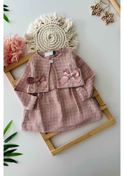Kurdela Detaylı Chanel Kumaş Kız Çocuk Elbise Cepken 2 li takım - Pudra